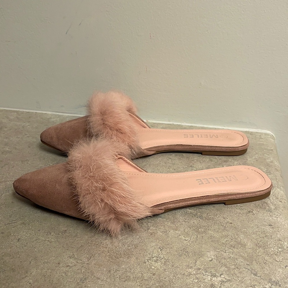 Blush furry pointed toe flats